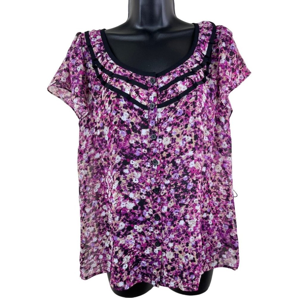 East 5th Blouse Womens Size Large L Short Sleeve Purple Floral Buttons Sheer Top